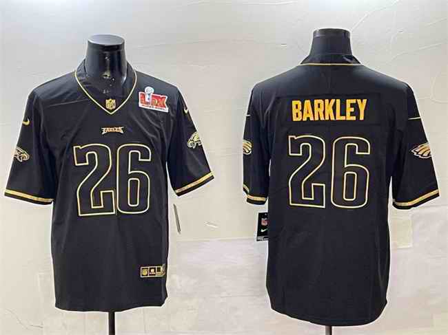Men's Philadelphia Eagles #26 Saquon Barkley Black/Gold 2025 Super Bowl LIX Patch Vapor Untouchable Limited Stitched Football Jersey